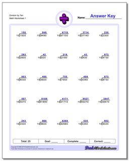 Division Worksheet Factors of Ten