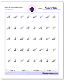 Division Worksheet with Progressive Remainders