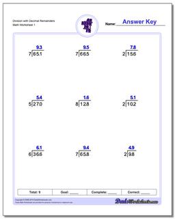 Long Division Worksheet with Decimal Results
