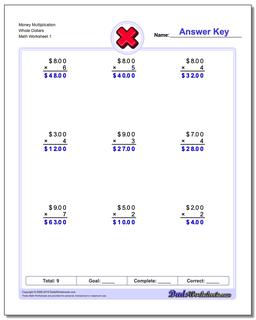 Multiplication Worksheet with Money