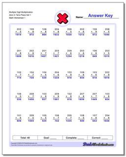 Zeroes in Tens Place Multiplication Worksheet