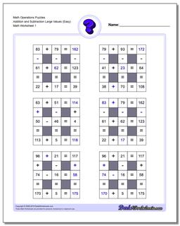 Number Grid Puzzle Addition and Subtraction Logic with Missing Values and Operations (Large)