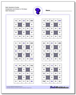 Multiplication and Division with Missing Values to 100 Number Grid Puzzle