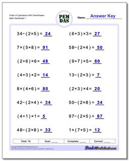 Order of Operations Worksheets