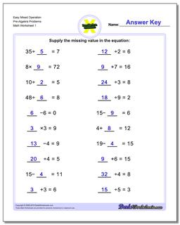 Pre-Algebra Mixed Operation Problems Worksheet
