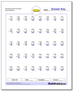 Borrowing Across Zero Subtraction Worksheet