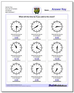 Telling Analog Time Five Minute Addition Worksheet