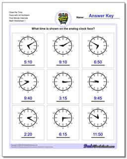 Five Minute Intervals Telling Analog Time Worksheet